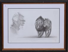 Gary Hodges "George Adamson with boy and Christian", black and white print, signed and numbered