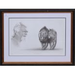 Gary Hodges "George Adamson with boy and Christian", black and white print, signed and numbered