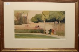 Circle of Frank Brangwyn, Figures in parkland, watercolour, 32 x 48cm