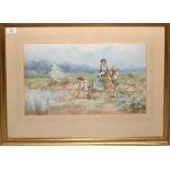 English School (19th/20th century), Flower picking, watercolour, indistinctly signed lower left,