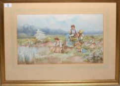 English School (19th/20th century), Flower picking, watercolour, indistinctly signed lower left,