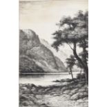 John Fullwood, "Pass of Branden" and "Falls of Lochay", pair of black and white etchings, both