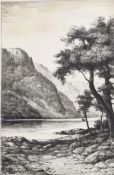 John Fullwood, "Pass of Branden" and "Falls of Lochay", pair of black and white etchings, both