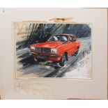 British School (20th century), Classic car, gouache, 30 x 43cm, mounted but unframed