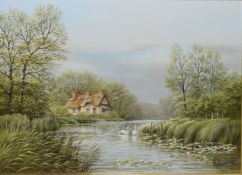 Keith W Hastings, Norfolk river landscape with swans by a cottage, oil on board, signed lower right,