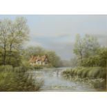 Keith W Hastings, Norfolk river landscape with swans by a cottage, oil on board, signed lower right,