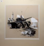 British School (20th century), Military illustrations, pair of watercolour and gouache, 52 x 52cm,