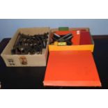 Two boxes containing various model railway including Hornby turntable, various 0 gauge track, CAII