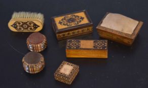 Collection of various Tonbridge ware mounted items including pin cushion, small lidded box, brush