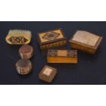 Collection of various Tonbridge ware mounted items including pin cushion, small lidded box, brush