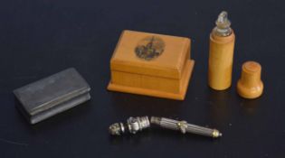 Mauchlin ware box, pewter snuff box etc