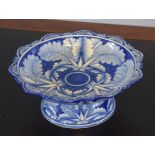 Pottery tazza decorated in a flow blue design with flowers