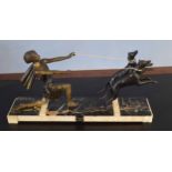 Art Deco style patinated metal group of girl with two hounds on a slate plinth, 50cm long