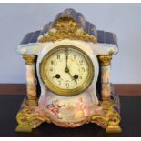 Late 19th/early 20th century pottery cased mantel clock, decorated in colours with figures and