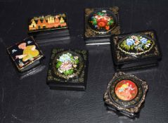 Collection of ebonised papier mache small boxes (Eastern European origin)