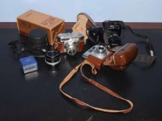 Zeiss Ikon "Colora" leather cased camera, Voigtlander Vito BL camera, Nikon F401 camera, various