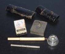 Small collection of various vintage containers, ivory part stick handle etc