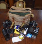 Nikon F3 camera with telephoto lens, Nikon F5 camera, various other lenses, accessories etc all