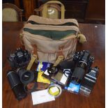 Nikon F3 camera with telephoto lens, Nikon F5 camera, various other lenses, accessories etc all