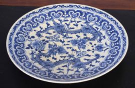 Oriental blue and white charger decorated with dragons