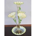 Victorian green vaseline glass epergne with white metal mounts, four trumpets above a fluted base,