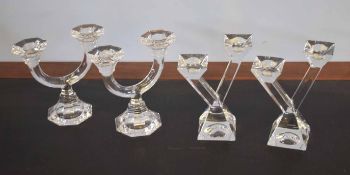 Group of four glass candelabra manufactured by Villeroy & Boch, each candelabra with two branches