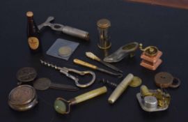 Mixed Lot: vintage corkscrew, magic pocket savings bank, musical box movement etc