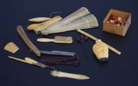 Collection of ivory/bone/treen/composition items includes fan, travelling chess pieces, Oriental