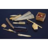 Collection of ivory/bone/treen/composition items includes fan, travelling chess pieces, Oriental