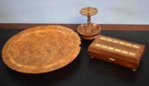 Treen items including circular dish, scoring box and cover and scoring board for draughts