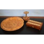 Treen items including circular dish, scoring box and cover and scoring board for draughts