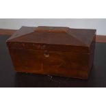 Mahogany sarcophagus shaped caddy box (void interior), 27.5cm wide