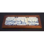 Three 18th century Delft tiles with blue and white designs of figures in landscapes, all within an