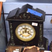 Victorian black marble mantel clock, broken arch top over circular Roman chapter ring, 39cm high