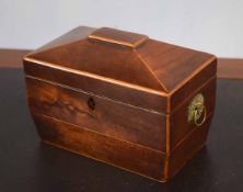 19th century mahogany sarcophagus shaped tea caddy with two compartments, 20cm wide