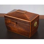 19th century mahogany sarcophagus shaped tea caddy with two compartments, 20cm wide