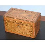 Victorian walnut cross banded parquetry inlaid tea caddy, the interior with two compartments, 23cm