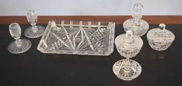 Cut glass bedroom set comprising tray, two small candlesticks, ring tray and two further bottles