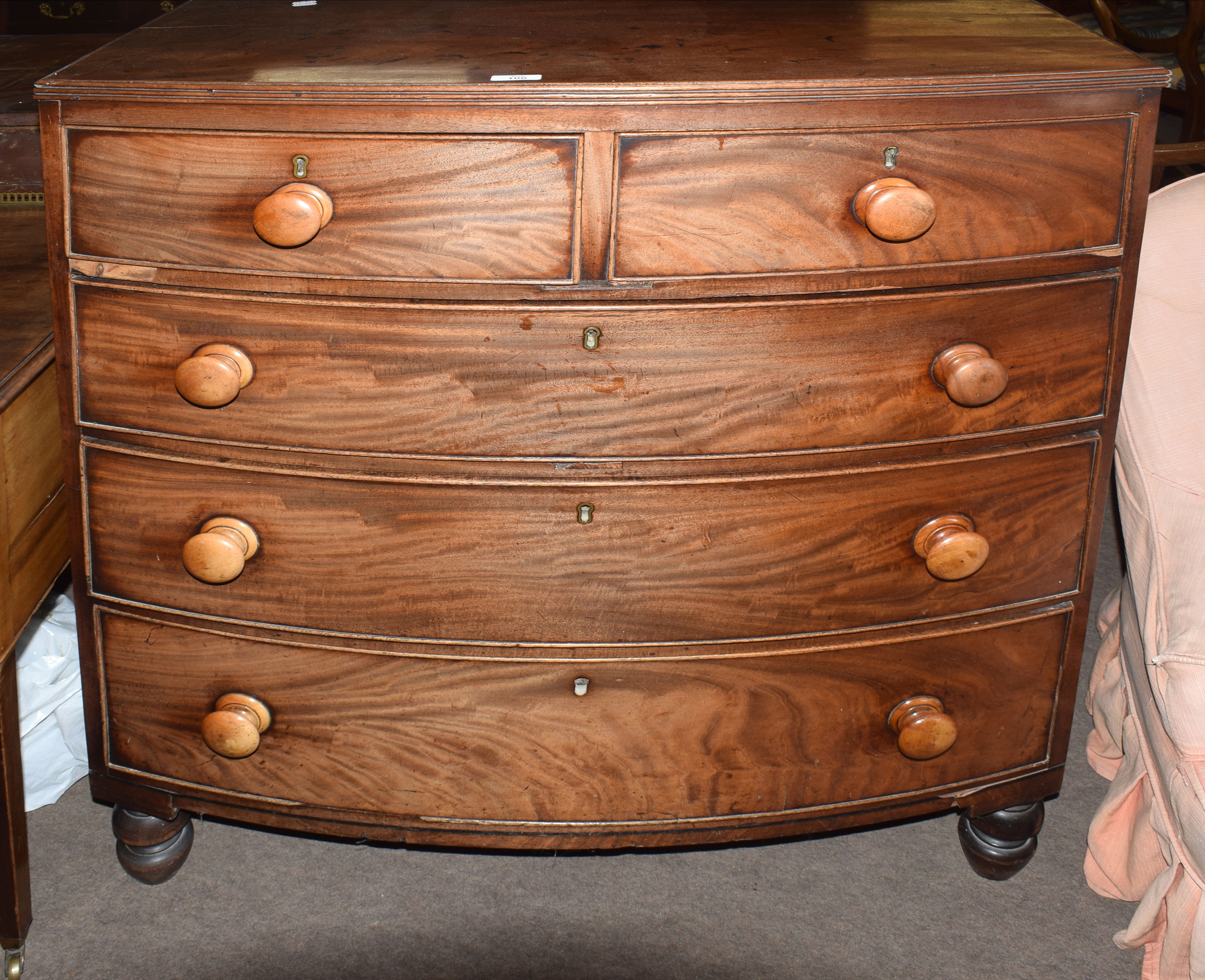 19th century bow front chest of five drawers on baluster feet, 93cm wide
