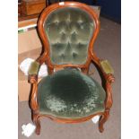 Victorian mahogany stained gents chair with green button back upholstery