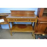 Early 20th century inlaid mahogany two-tier buffet, short pediment over full width frieze drawer