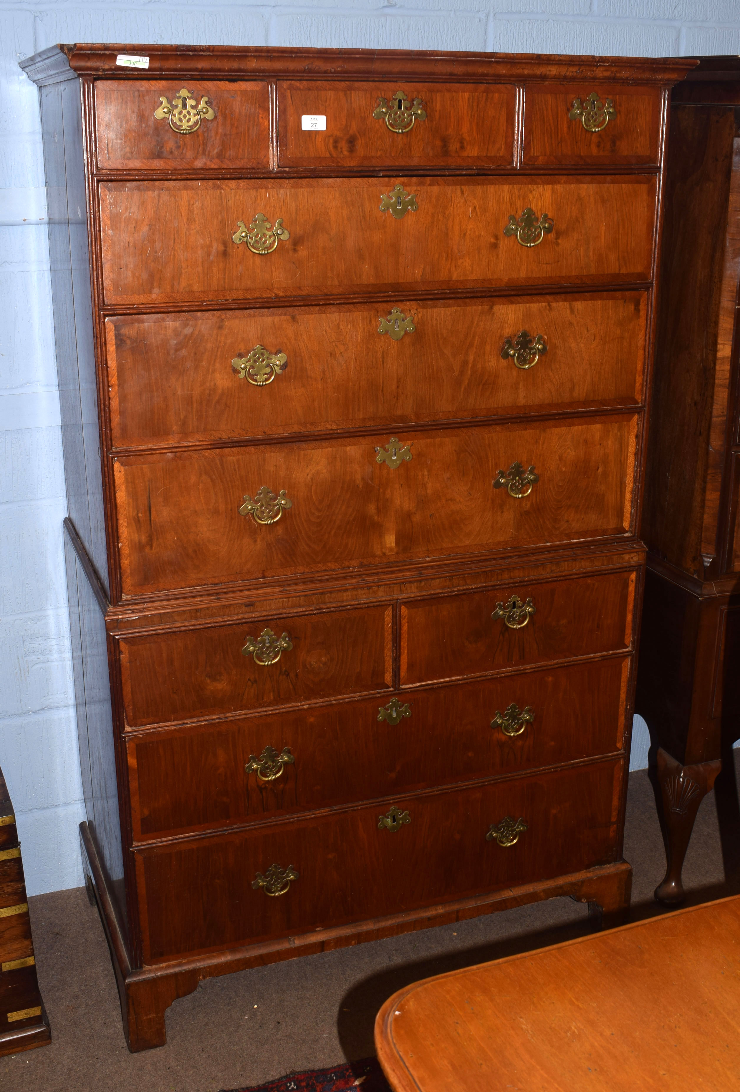 18th century oak and walnut chest on chest, upper section with six drawers, lower section with