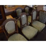 Set of five Victorian mahogany dining chairs with green upholstered backs and seats