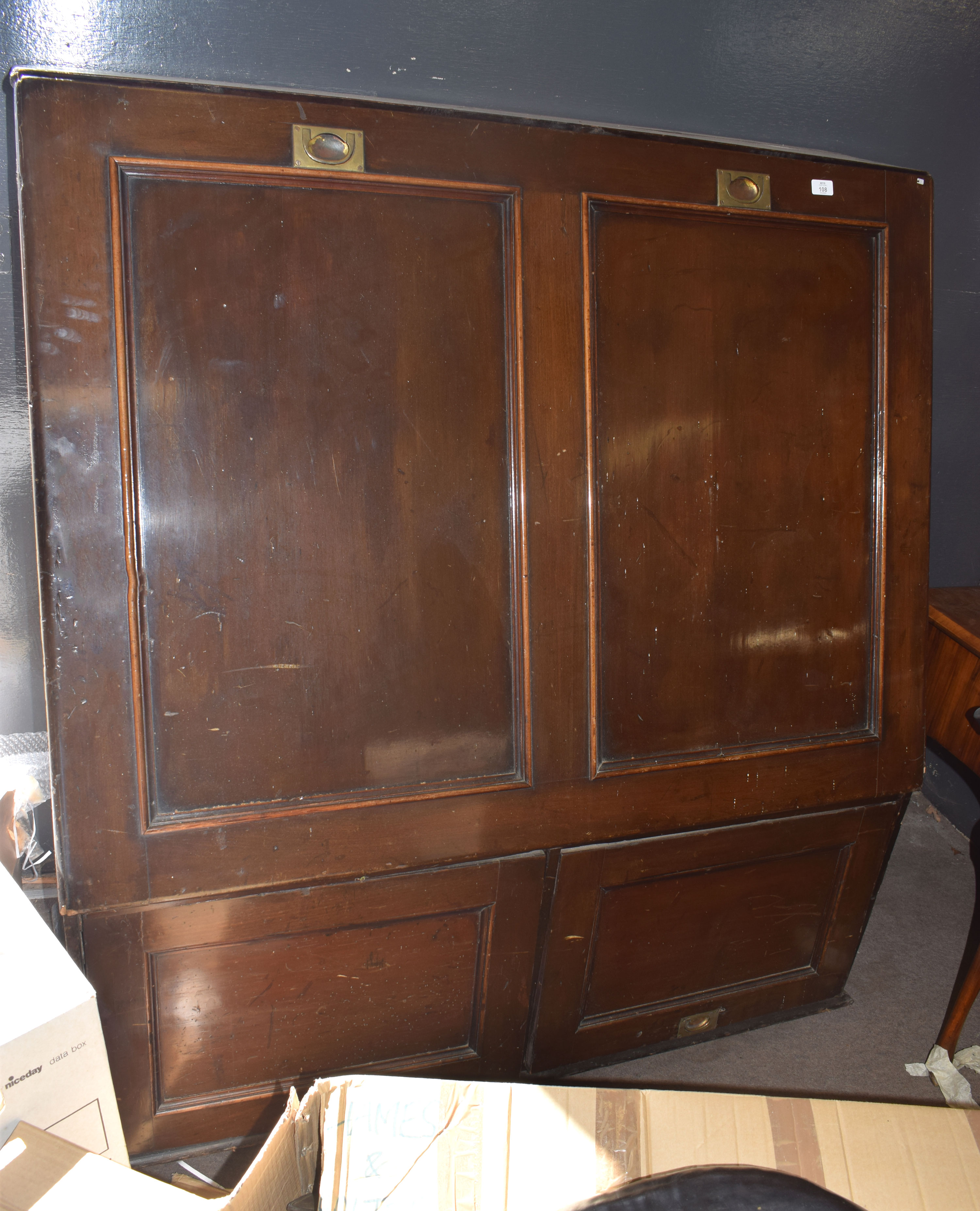 Unusual mahogany bookcase or folio cabinet, sloping front enclosing a plush lined fitted interior