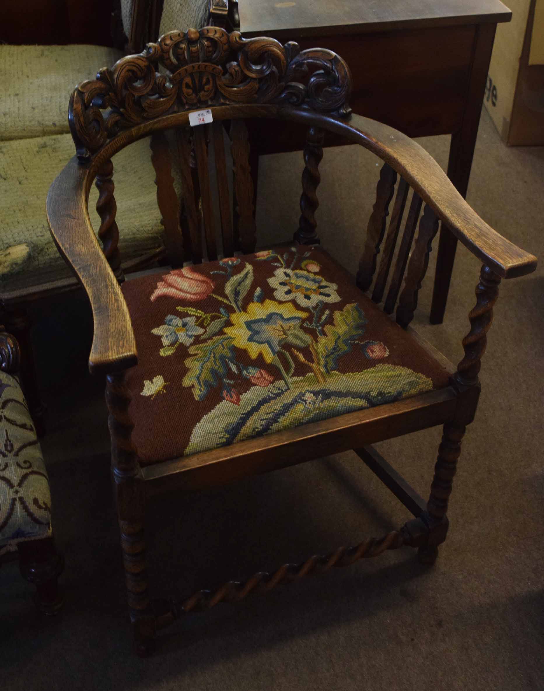 Oak carver chair with carved back, tapestry seat and barley twist front stretcher