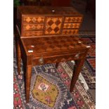 Mahogany parquetry type ladies writing desk, the raised back fitted with central cover flanked on
