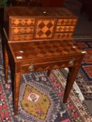 Mahogany parquetry type ladies writing desk, the raised back fitted with central cover flanked on