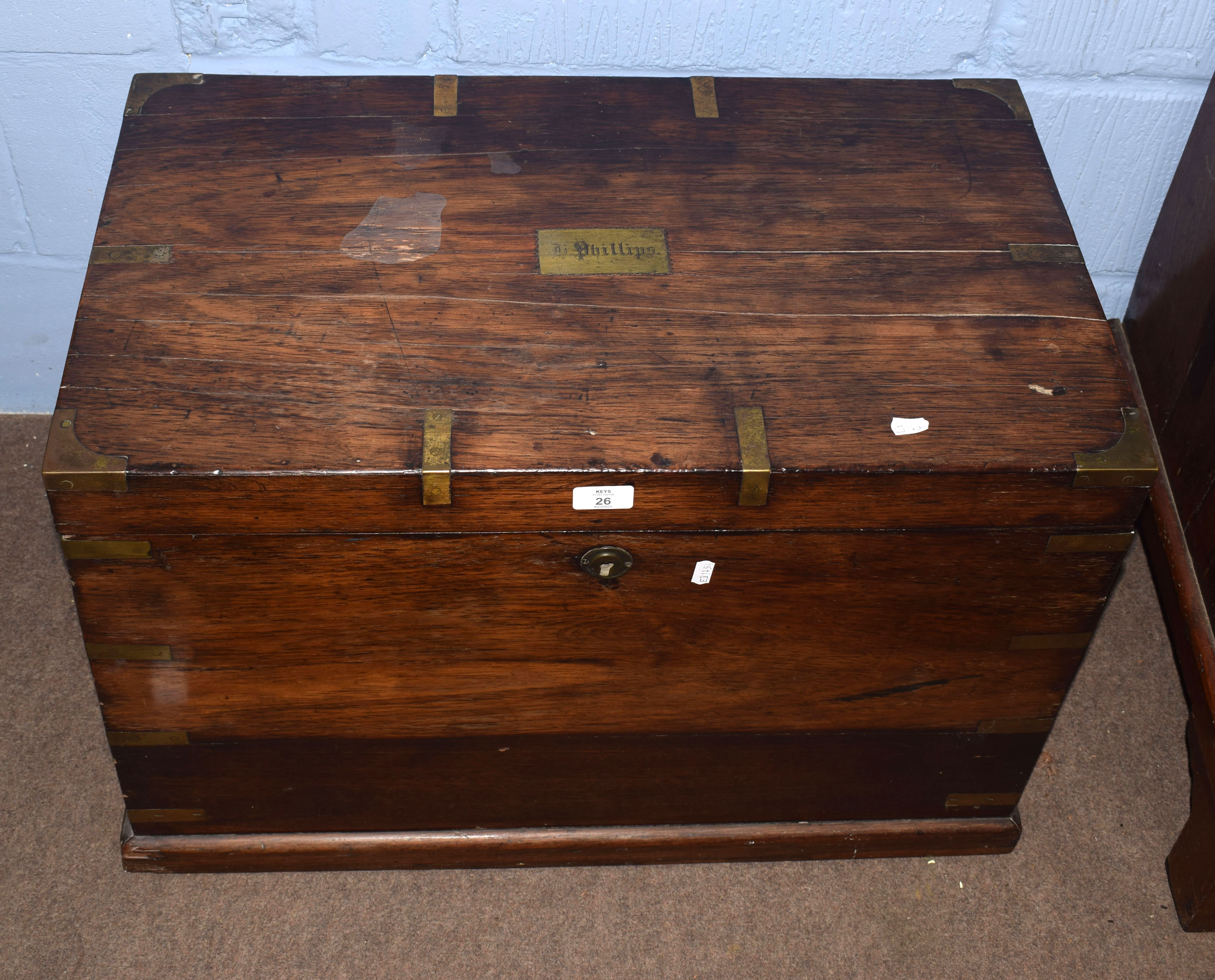 19th century brass bound polished oak silver chest, the lid inset with name plate inscribed "H