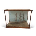 19th century model of a three-masted clipper or sloop in light oak frame, 77cm long