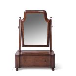 19th century mahogany toilet mirror, arched mirror back and single drawer base raised on ball